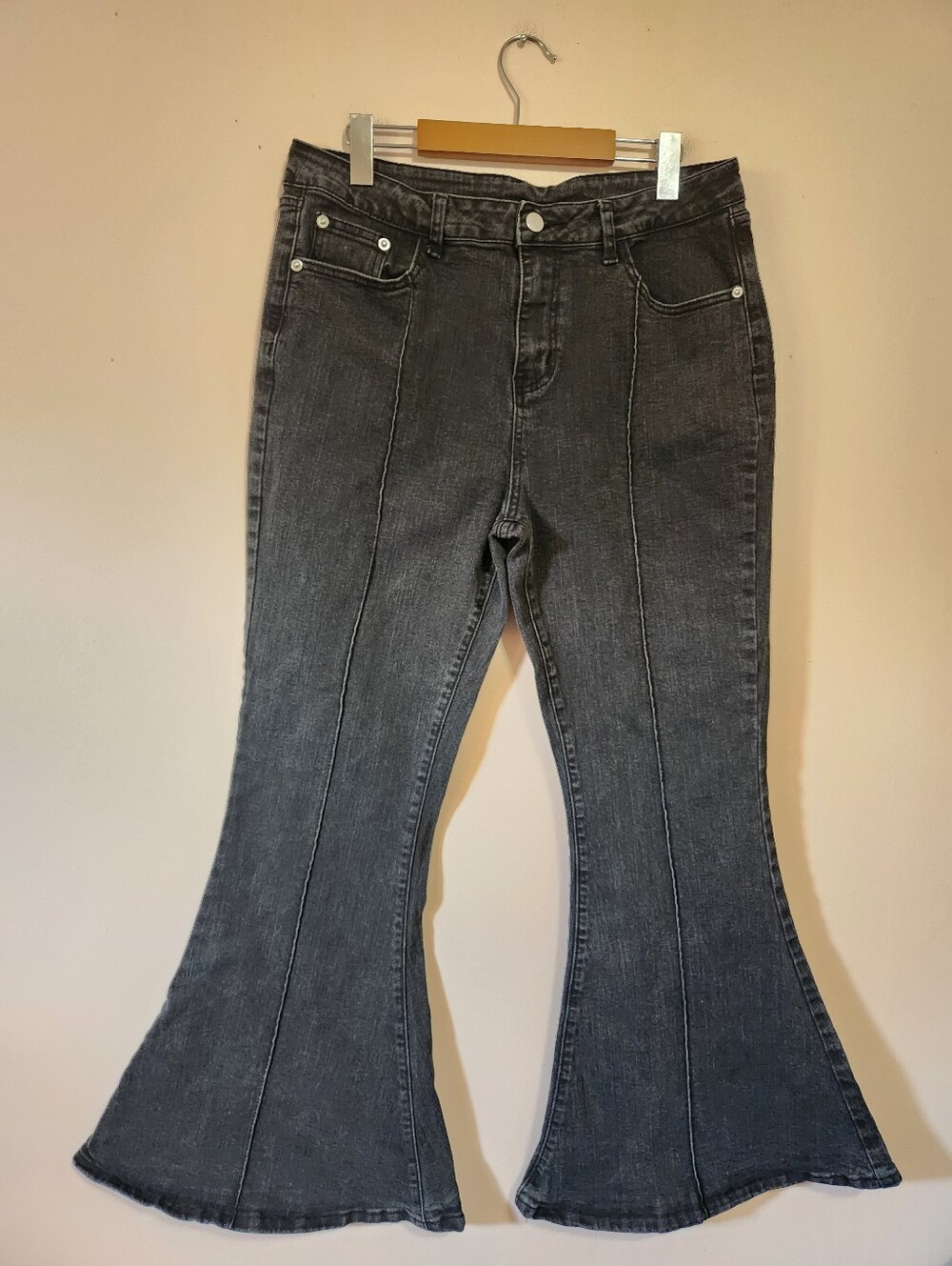 Cider Washed Black High Rise Bell Bottom Flare Jeans Pin Tuck Seam Grunge Y2K XL